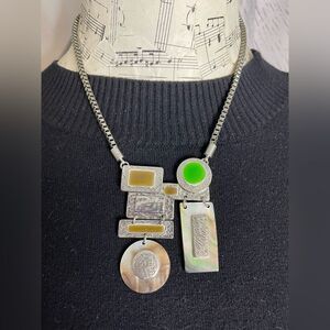 Art Deco Necklace Silver-tone w/Enamel & Mother of Pearl